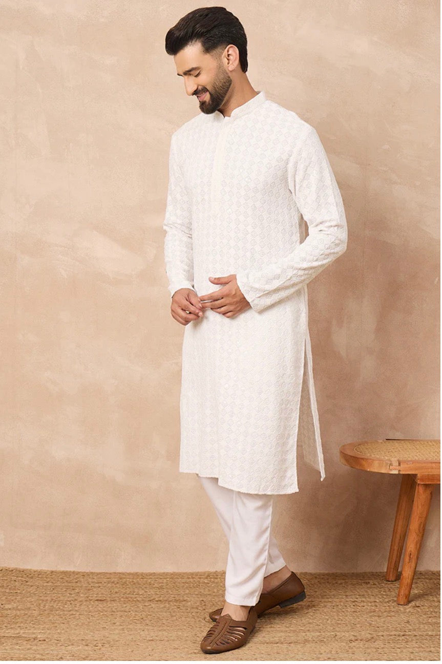 White Chikankari Kurta for Men