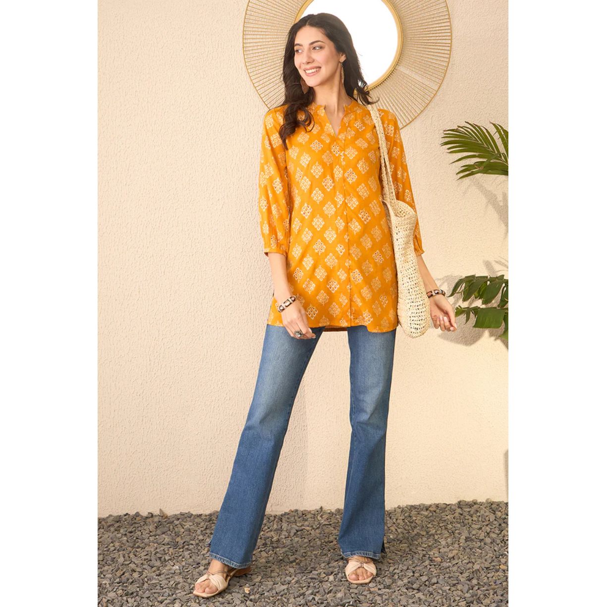 Yellow Cotton Blend Floral Printed Tunic Top
