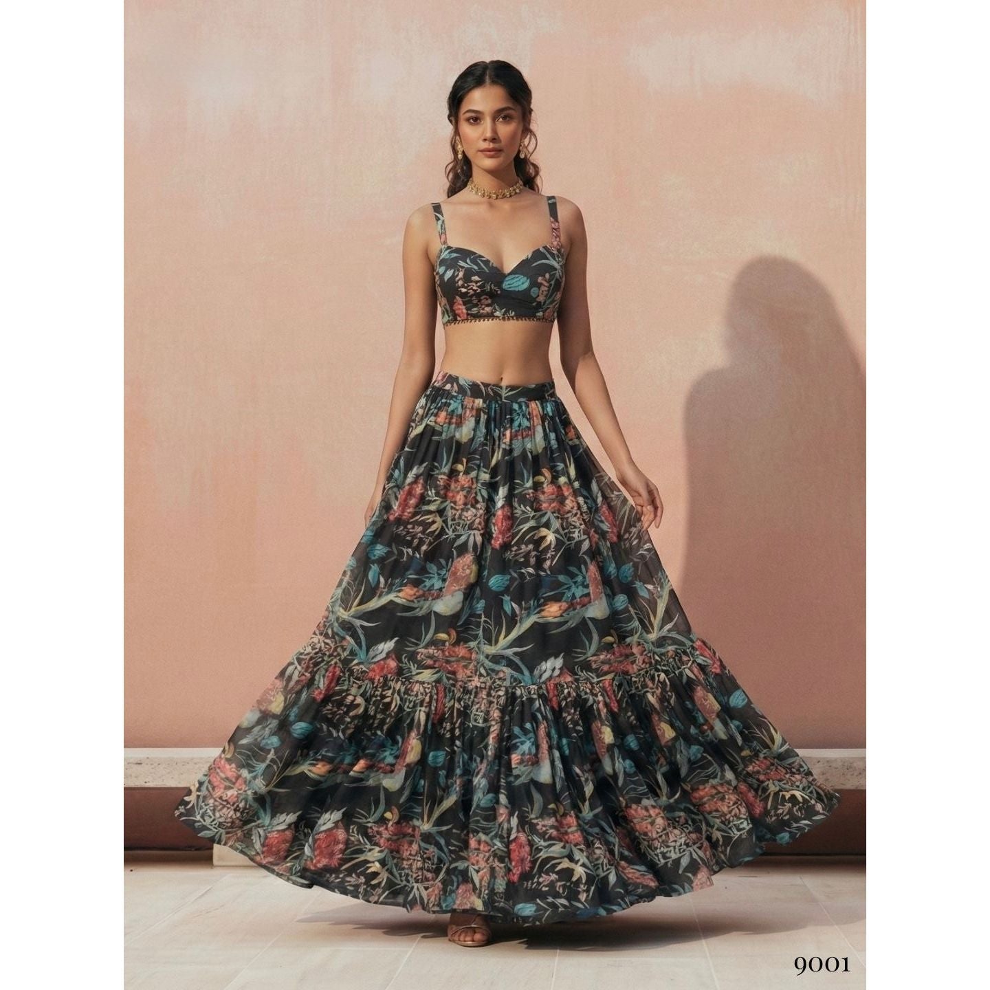 Georgette Printed Readymade Lehenga Set Black (3 Piece)