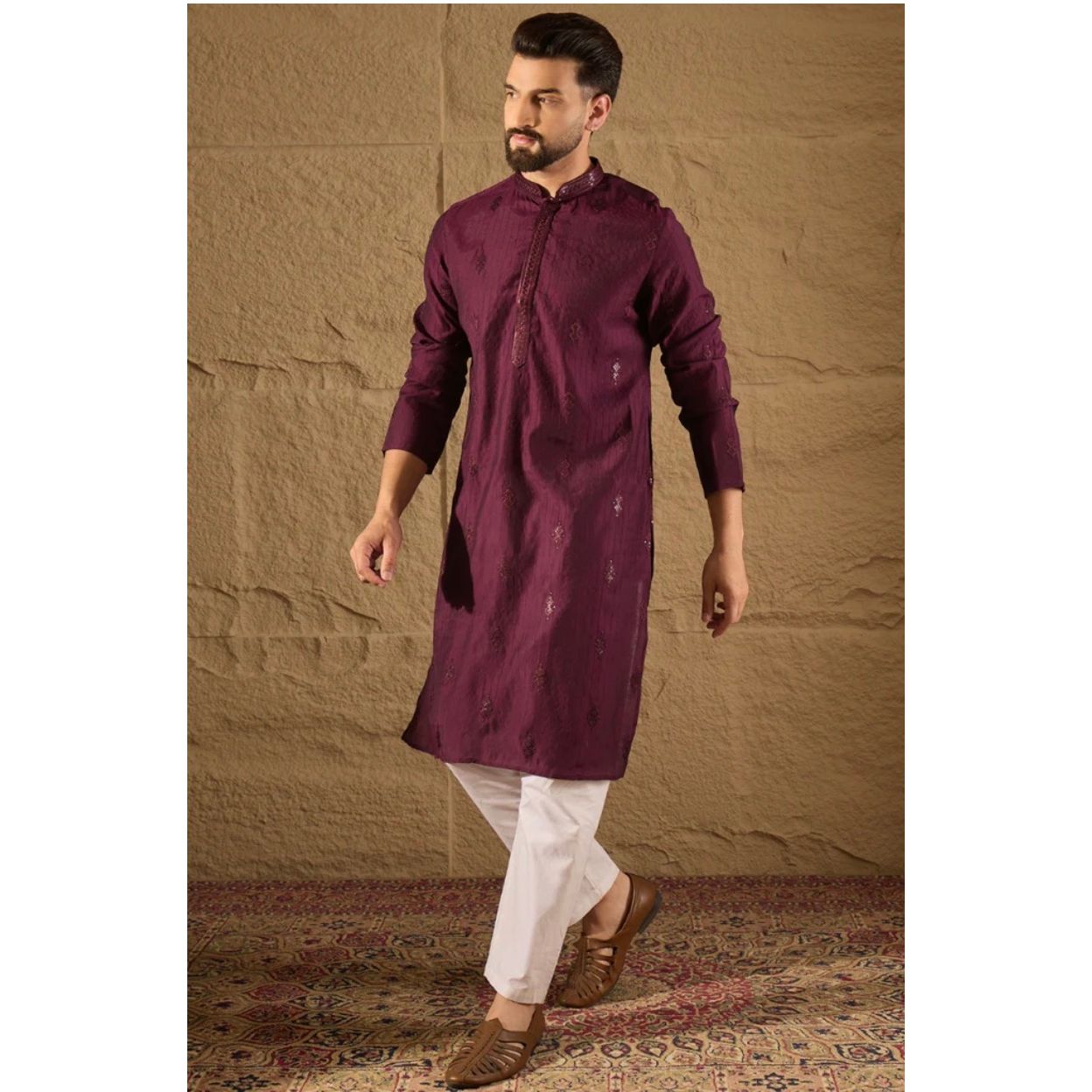 Purple Viscose Rayon Solid Embroidered Straight Kurta