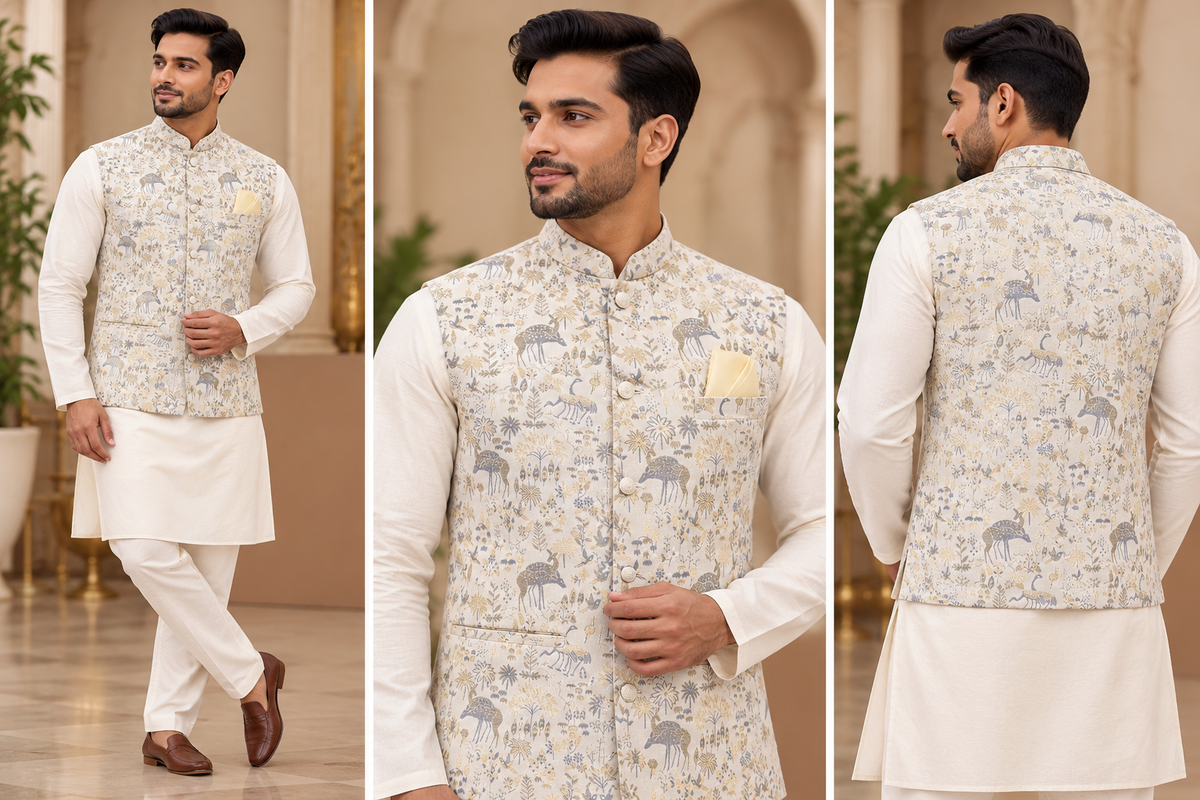 Men's Ivory Forest Motif Jacquard Nehru Jacket | Wedding & Festive Wear