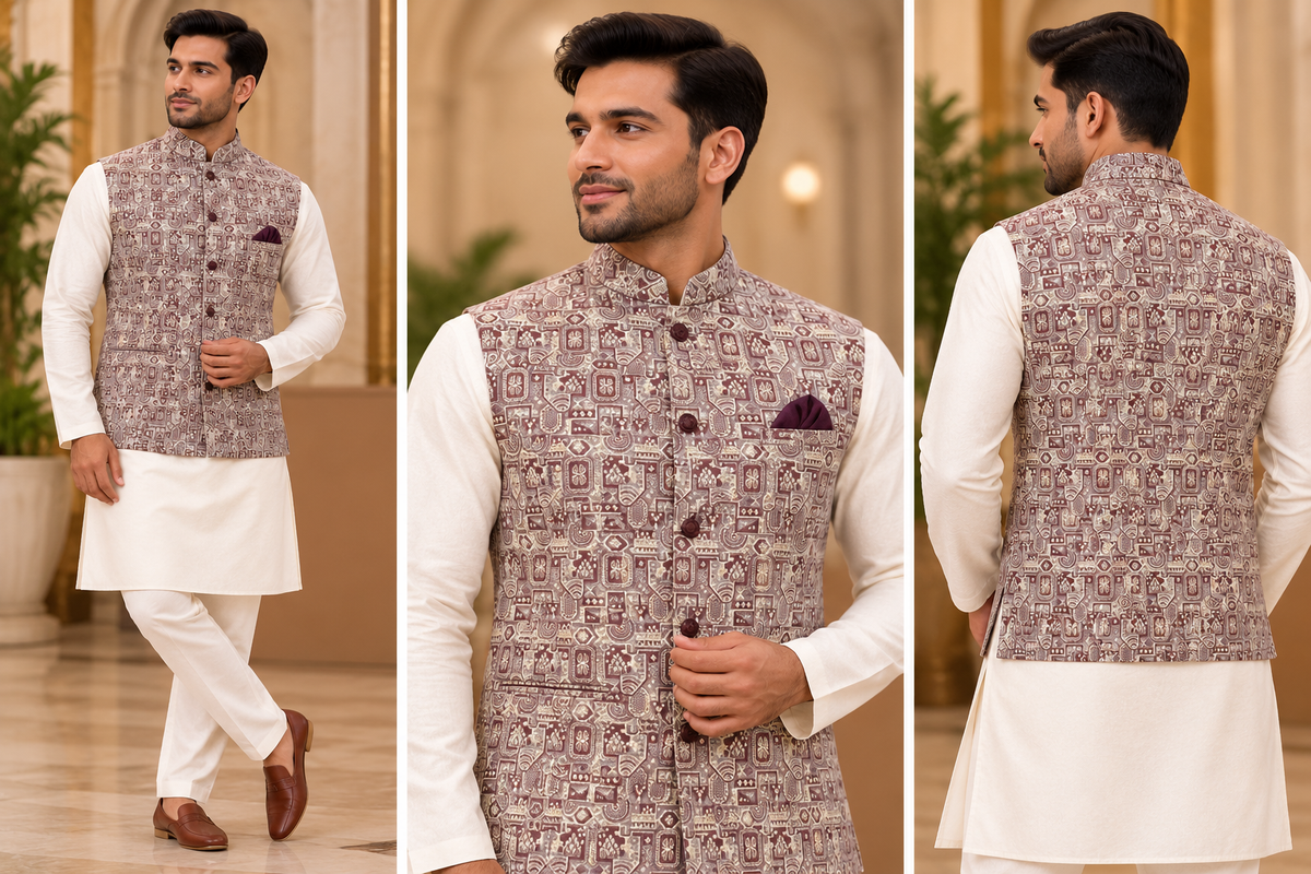 Men's Maroon & Beige Geometric Jacquard Nehru Jacket | Indian Festive & Wedding Wear
