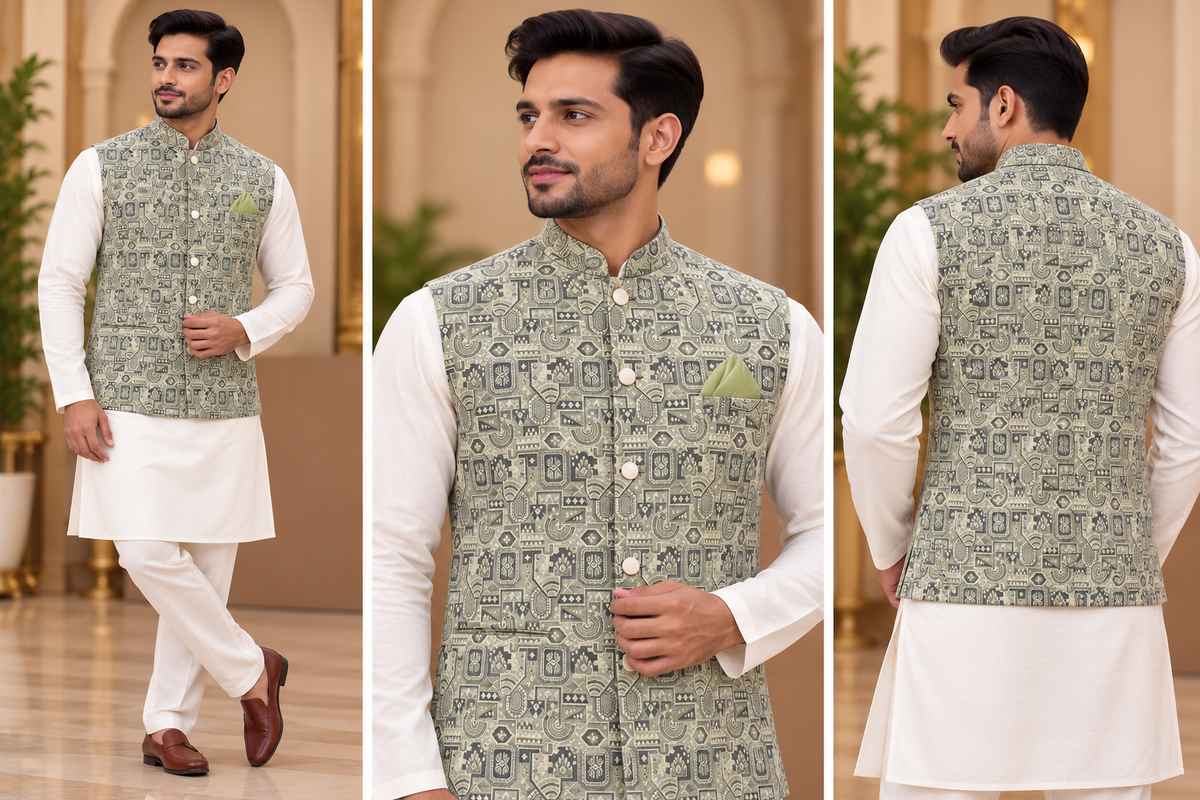 Men's Sage Green & Charcoal Geometric Jacquard Nehru Jacket | Indian Festive & Wedding Wear