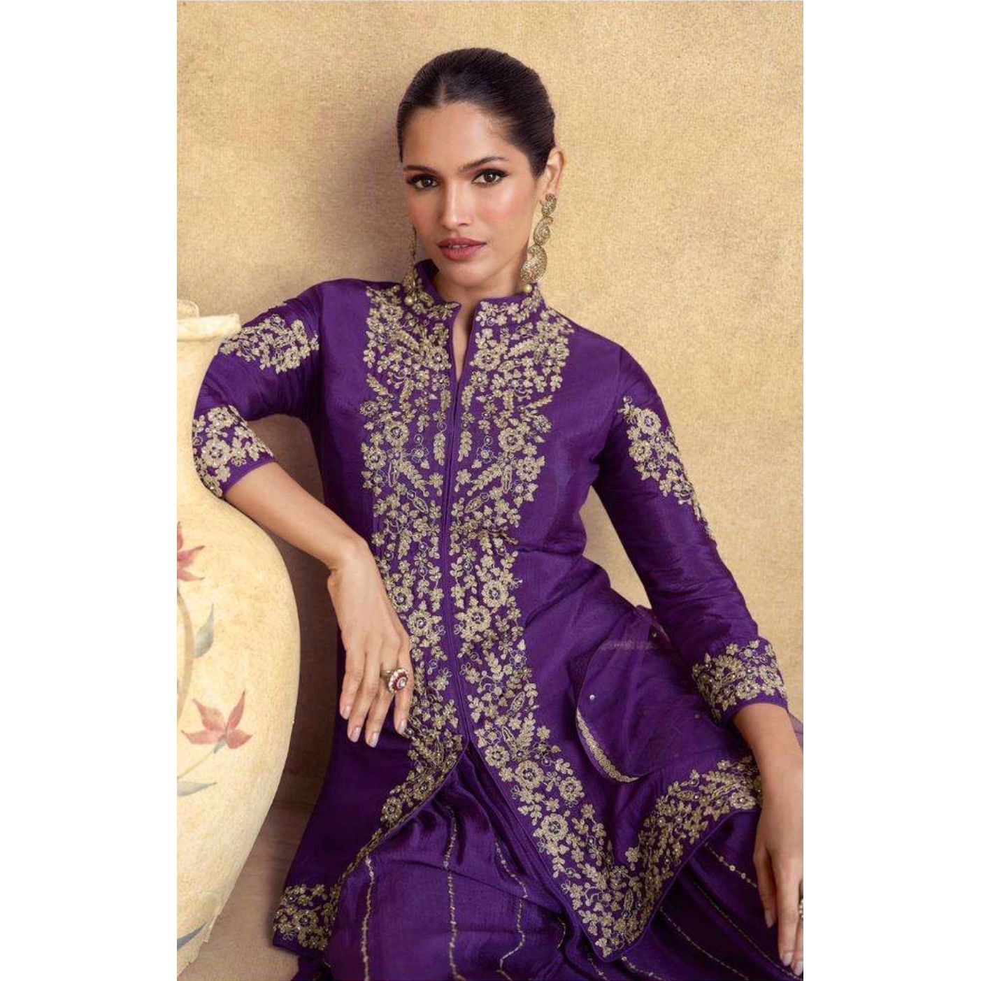 Festive Purple Chinon Silk Palazzo Set with Dupatta