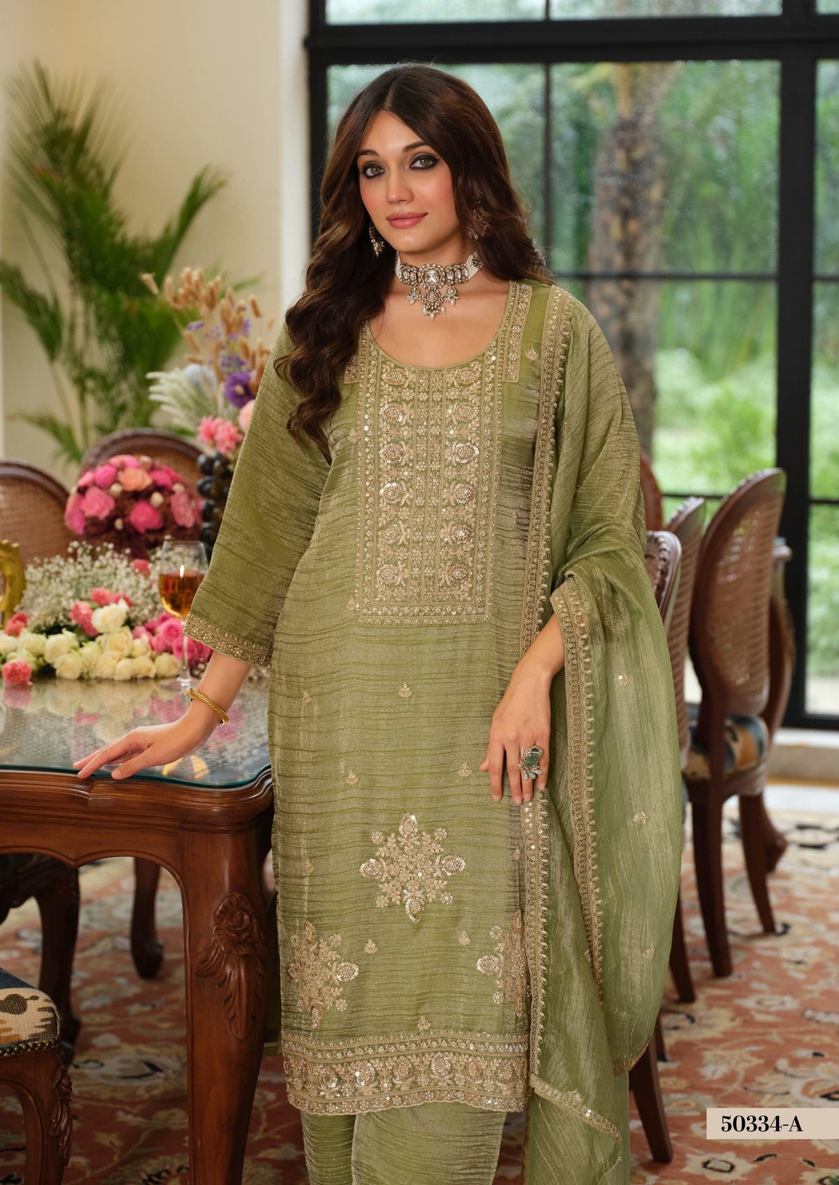 Embellished Crush Tissue Palazzo Set with Dupatta