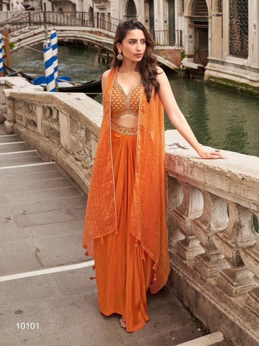 Premium Chinon Silk Palazzo Set with Embroidered Blouse & Shrug Dupatta : Orange