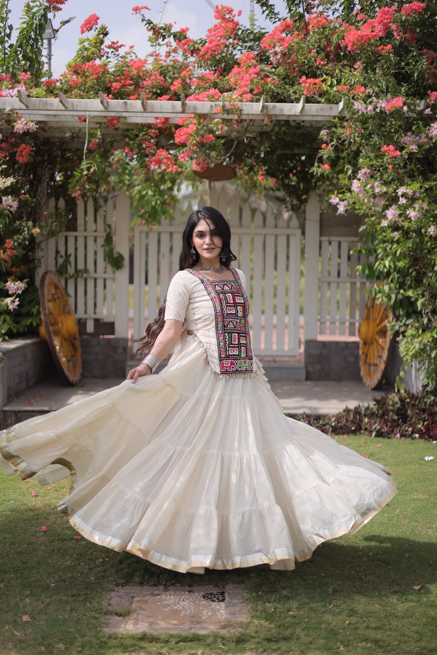 Ivory Multicolor Panel Lehenga Choli with Tiered Skirt