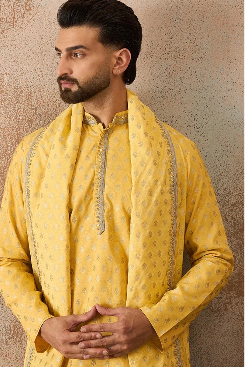 Yellow Jacquard Woven Design Floral Straight Kurta Set