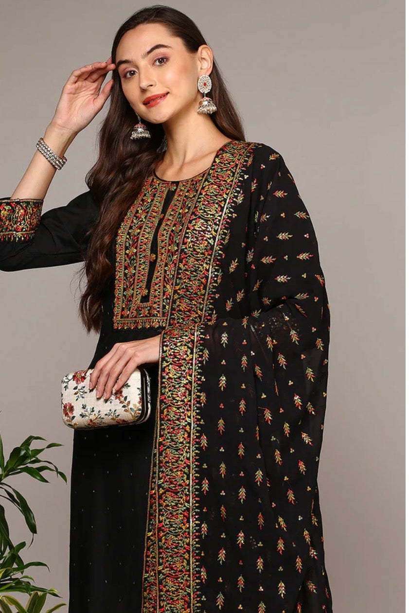 Black Silk Blend Embroidered Kurta Set