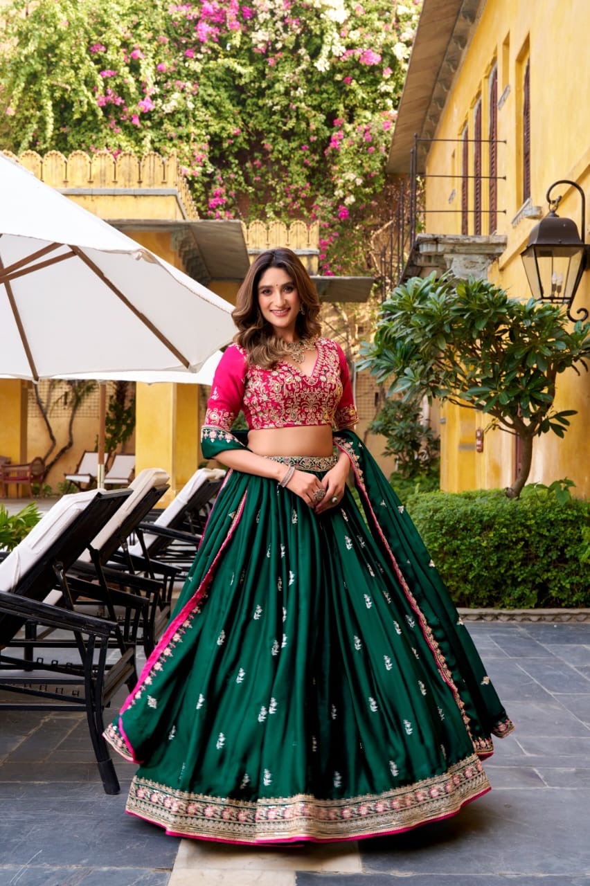 Regal Silk Satin Lehenga : Green and Pink