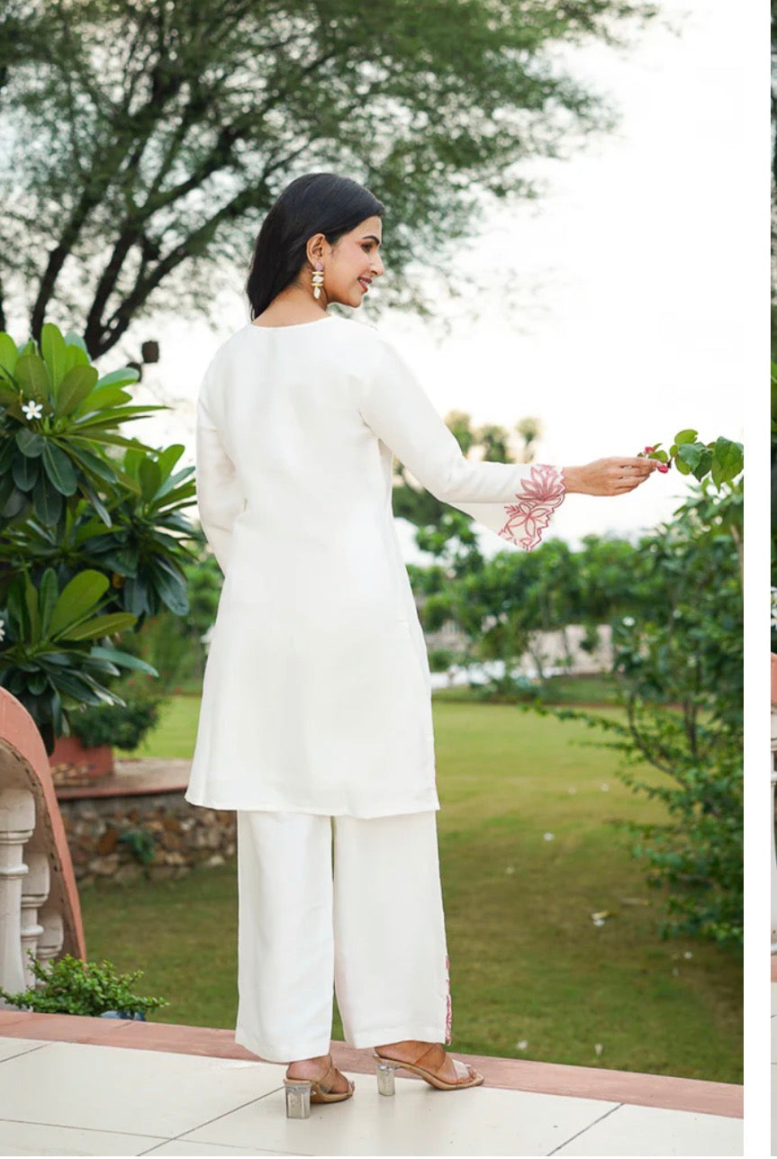 White Silk Blend Embroidered Straight Coord Sets