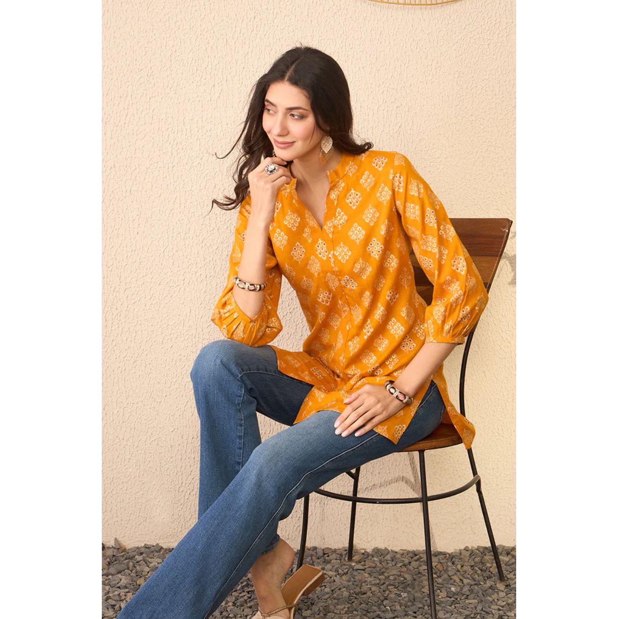 Yellow Cotton Blend Floral Printed Tunic Top