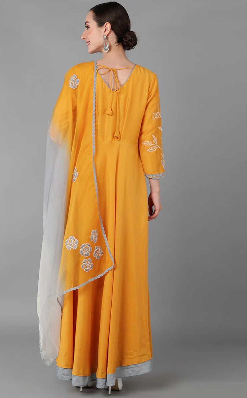 Mustard Silk Blend Flared Kurta With Dupatta