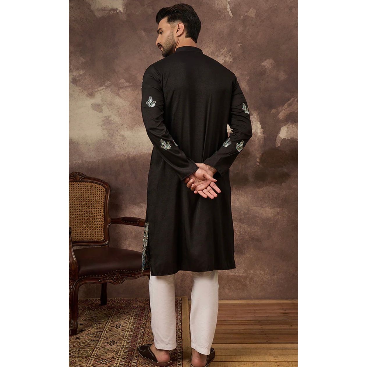 Black Silk Blend Solid Embroidered Straight Kurta