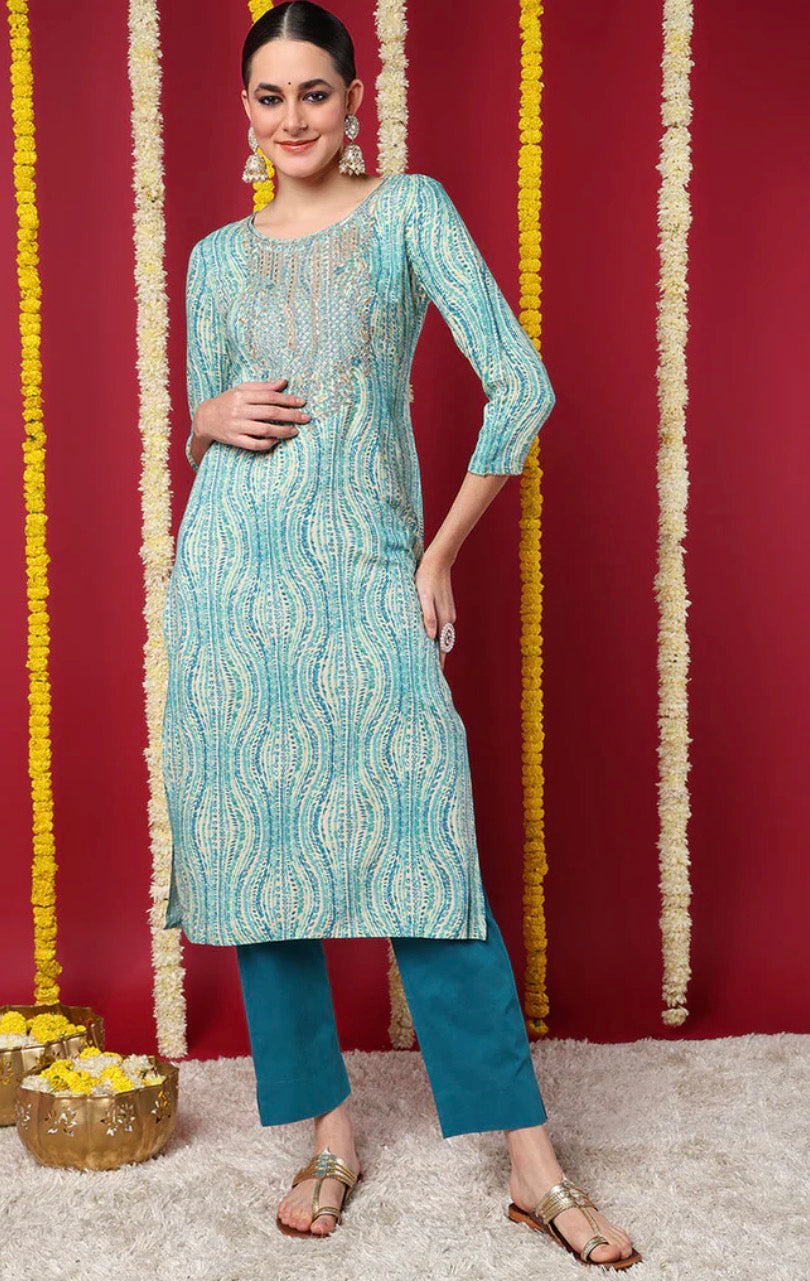 Blue Abstract Printed Straight Kurta | Viscose Rayon Casual Indian Kurti