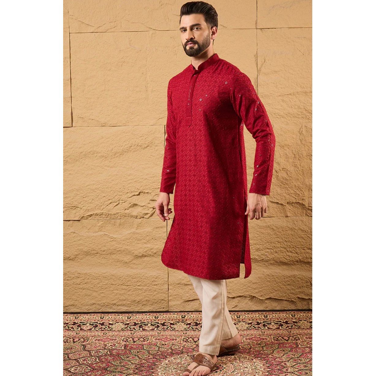 Red Chikankari Straight Kurta