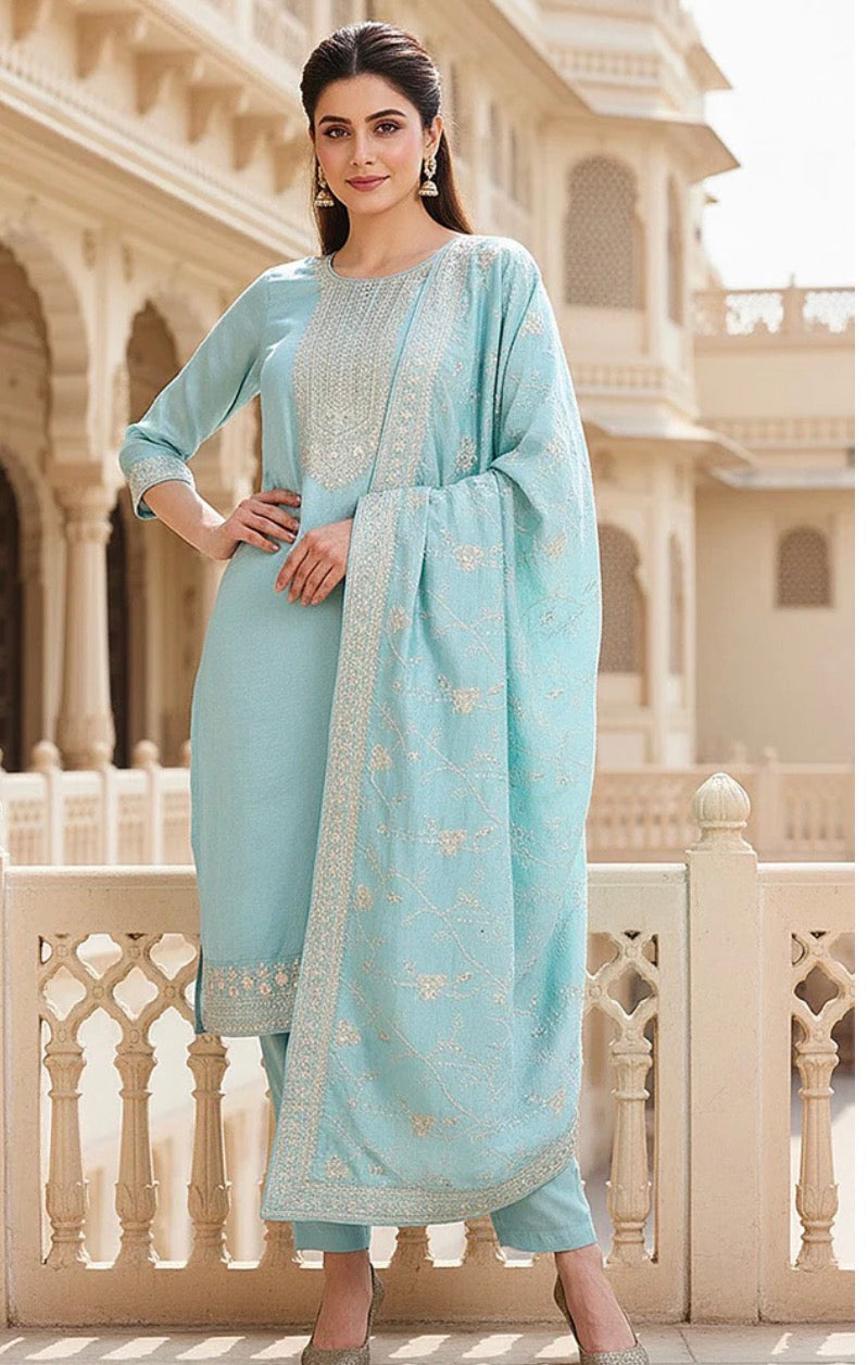 Blue Silk Blend Kurta Set With Dupatta