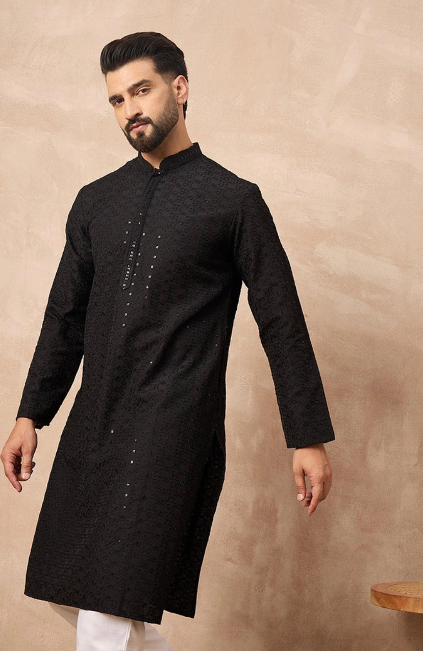 Black Viscose Rayon Solid Embroidered Straight Kurta