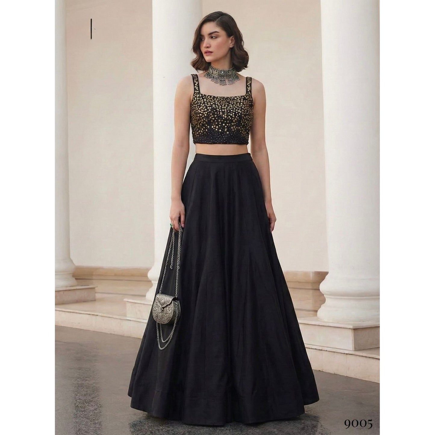 Black Soft Silk Readymade Lehenga Set with Sequin Blouse (2-Piece) Pre Order