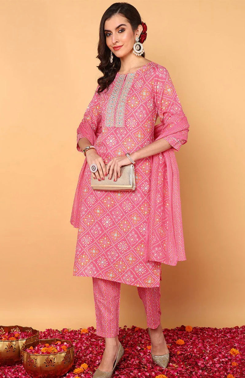 Pink Poly Cotton Bandhani Printed Straight Suit Set