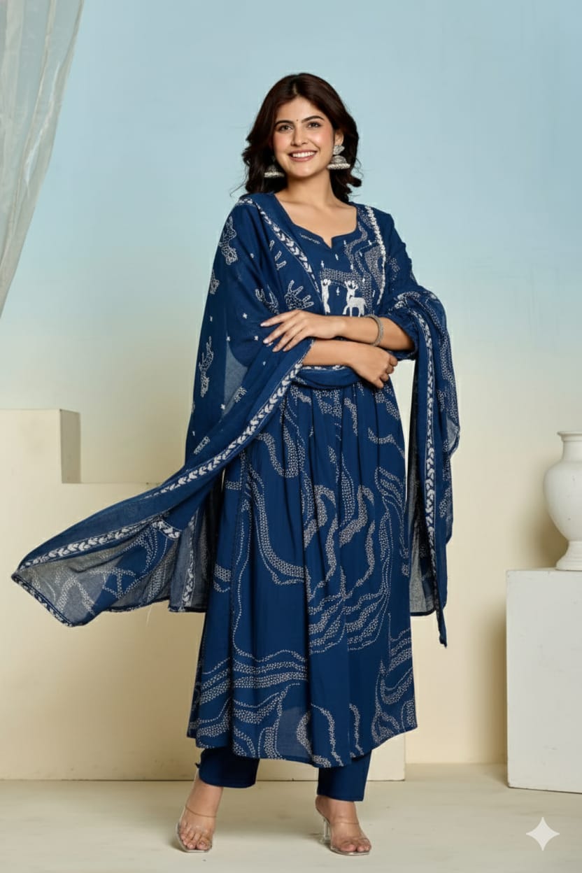 Dark Blue Ghera Kurti Set with Pant & Dupatta