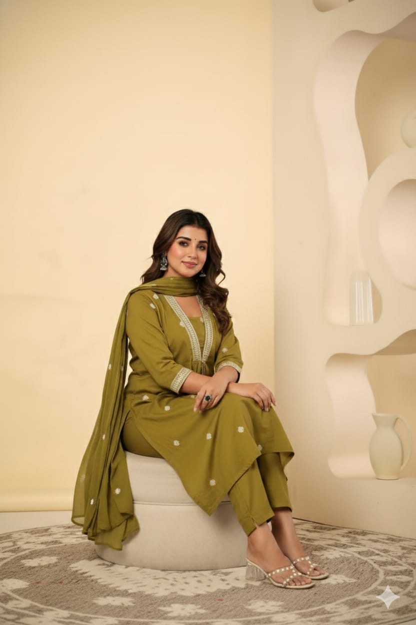 Embroidered Neck A-Line Kurta Set with Dupatta