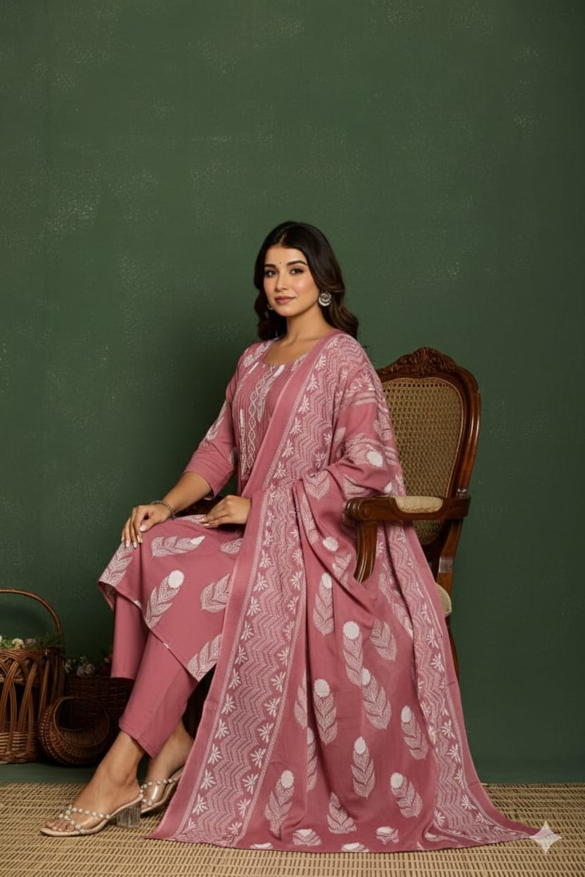 Dusty Mauve A-Line Kurta Set with Pant & Dupatta