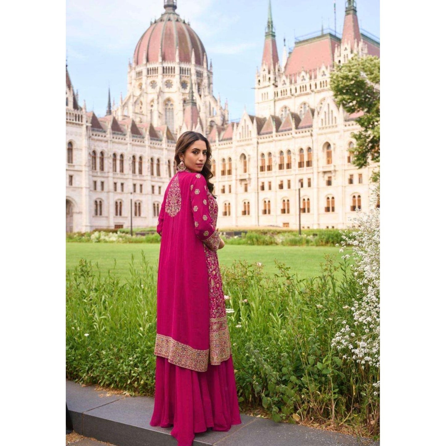 Dark Pink Georgette Embroidered Set