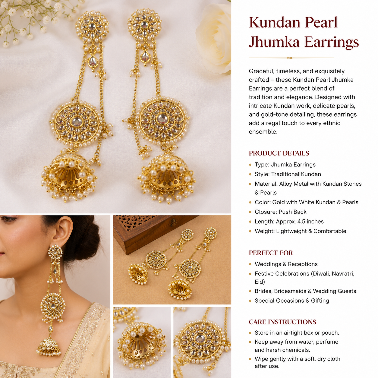 Gold Kundan Pearl Chandbali Jhumka Earrings