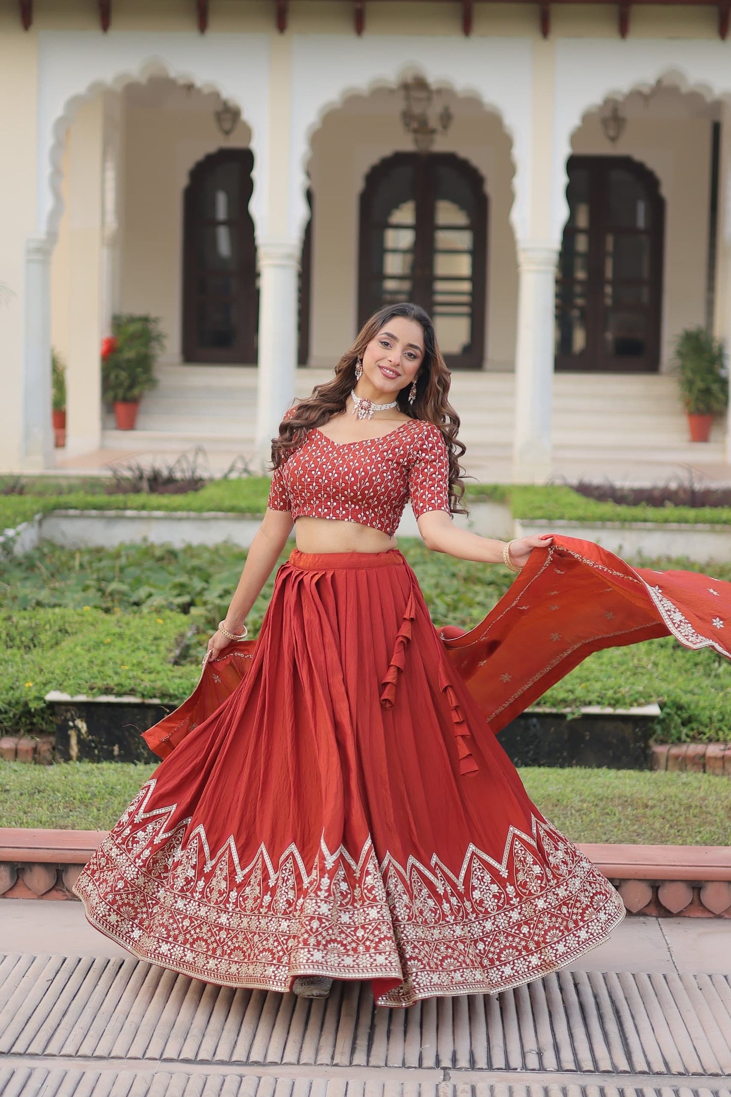 Silk Lehenga Choli Set (Pre-Order Only): Rust Orange