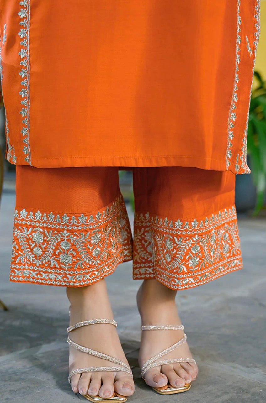 Orange Silk Blend Embroidered Kurta Set