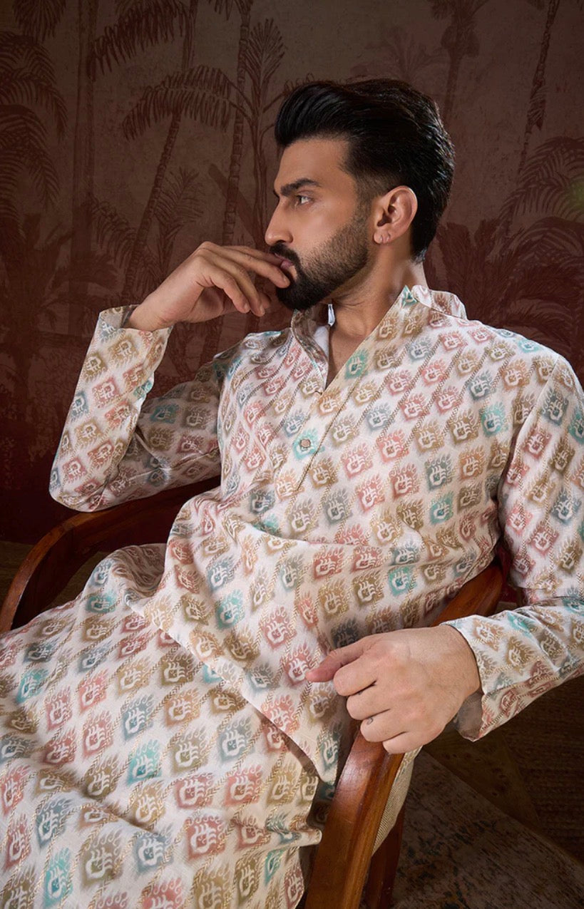 Off White Silk Blend Ethnic Motifs Printed Straight Kurta