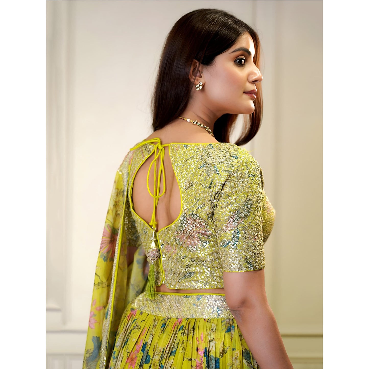 Yellow Floral Shimmer Organza Lehenga Set with Sequins & Zari Work