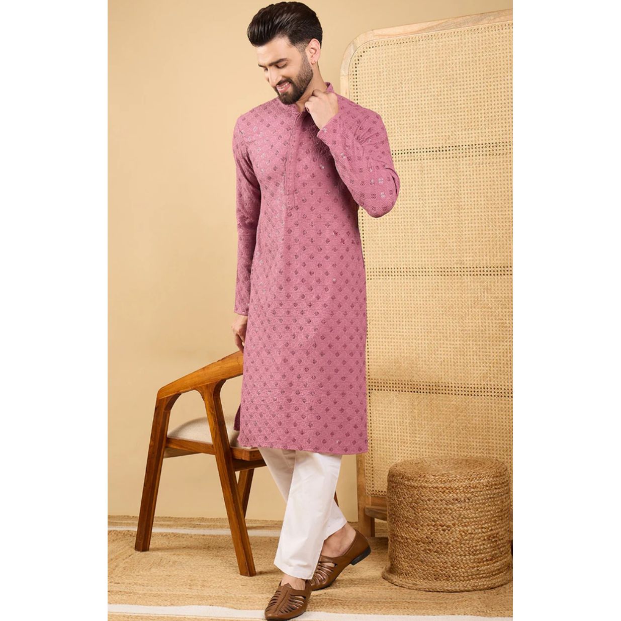 Mauve Viscose Rayon Solid Embroidered Straight Chikankari Kurta