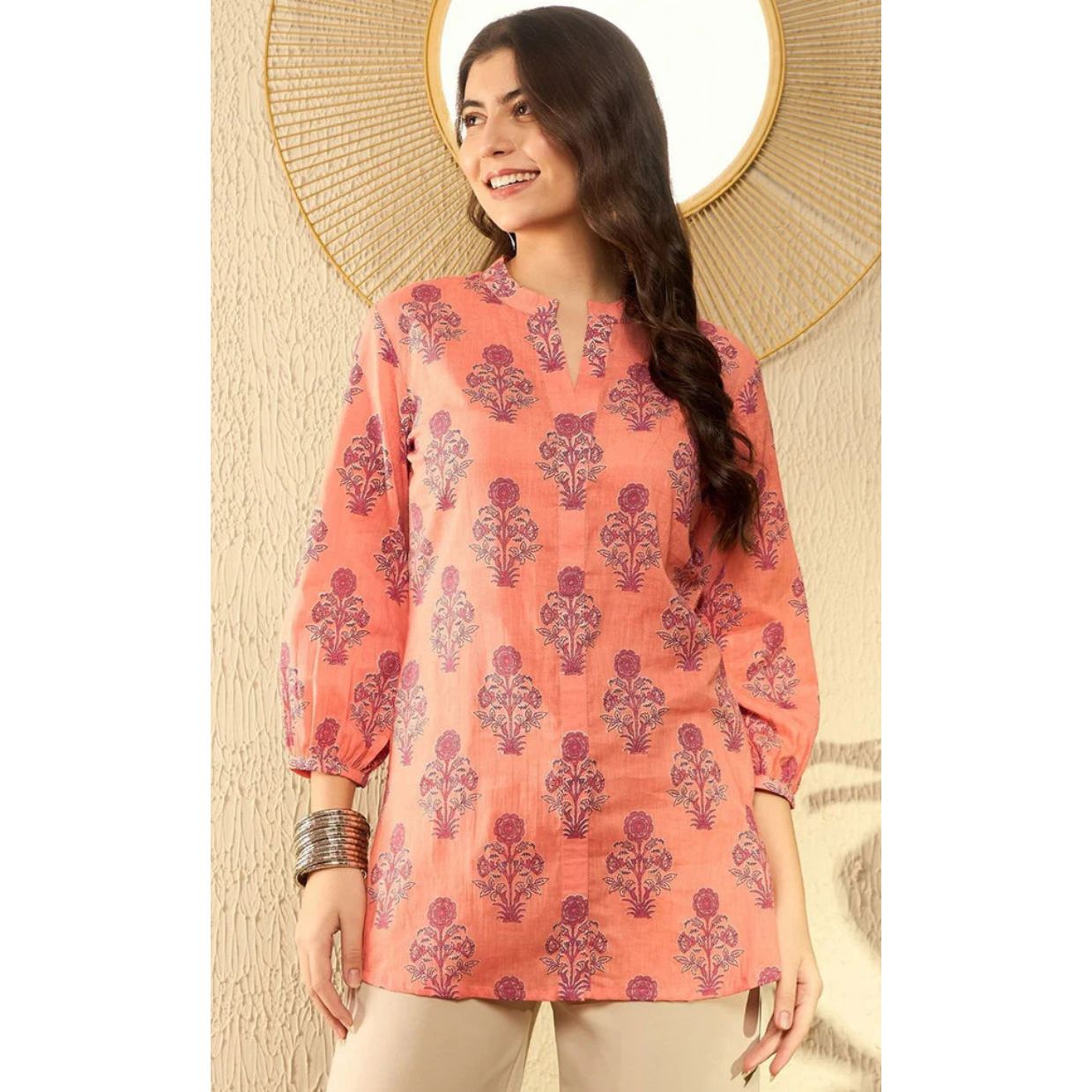 Orange Cotton Blend Floral Printed Regular Tunic