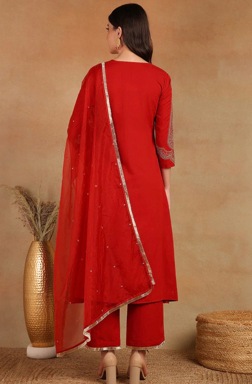 Red Silk Blend Solid Embroidered A-Line Trouser Bottom Suit Set