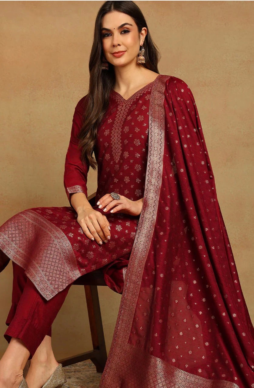 Maroon Chanderi Woven Design Straight Kurta Set