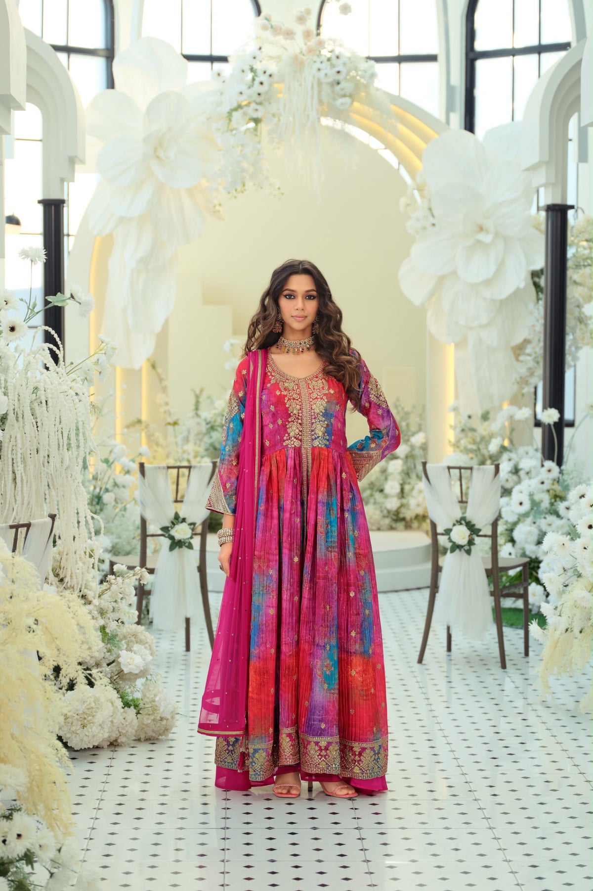 Rang – Multicolor Embroidered Chinon Anarkali Palazzo Set