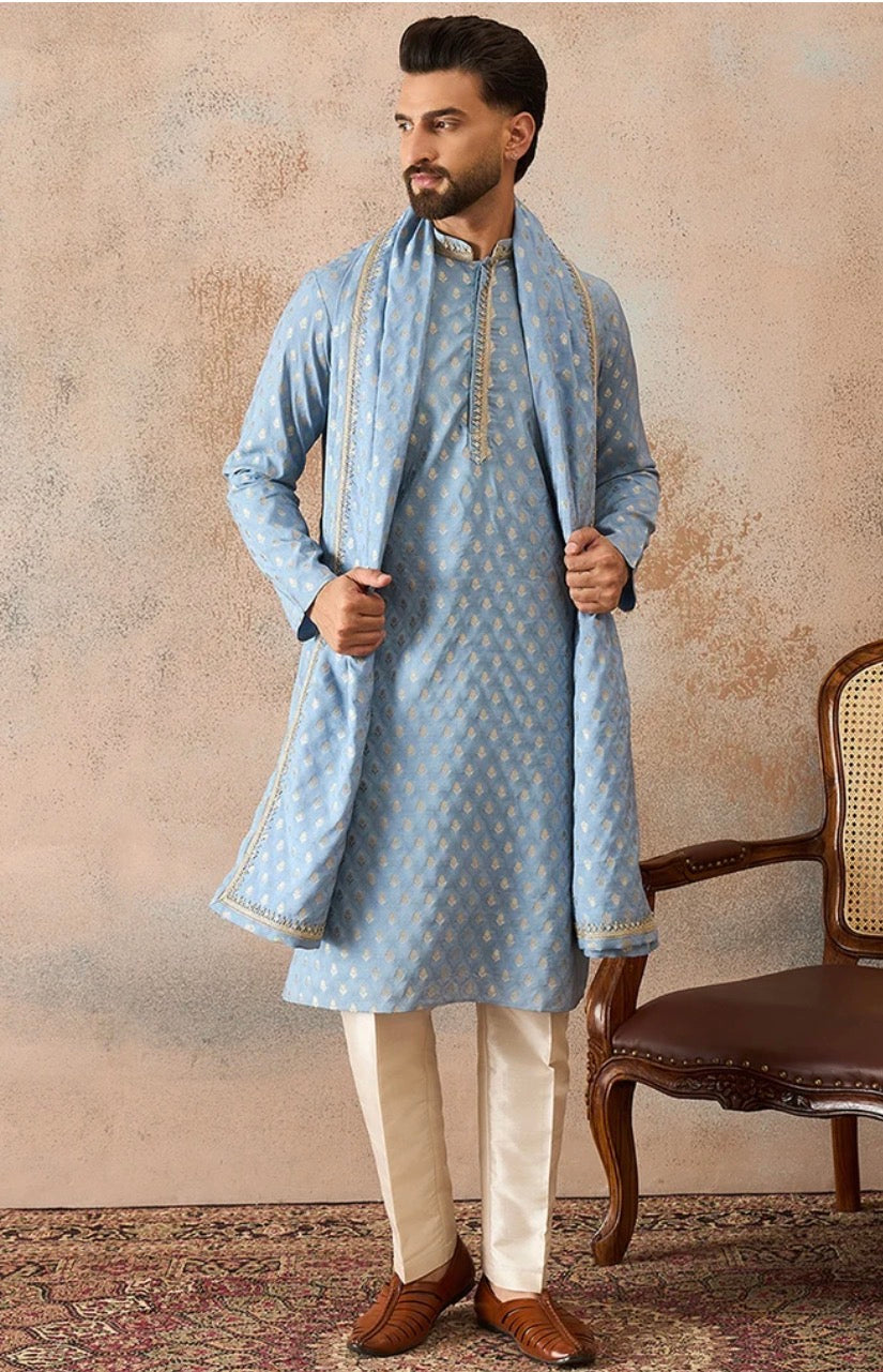 Blue Jacquard Woven Design Floral Straight Kurta Set