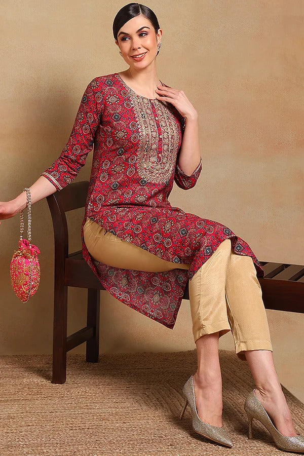 Pink Viscose Rayon Ethnic Motifs Printed Straight Kurta