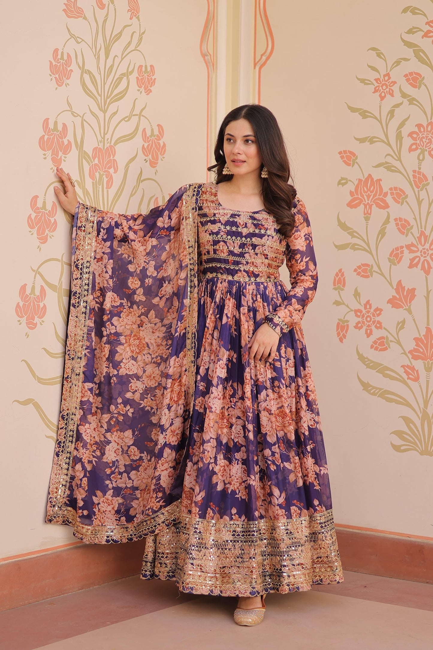 Premium Russian Silk Gown with Embroidered Sequins & Dupatta – Designer Festive Collection