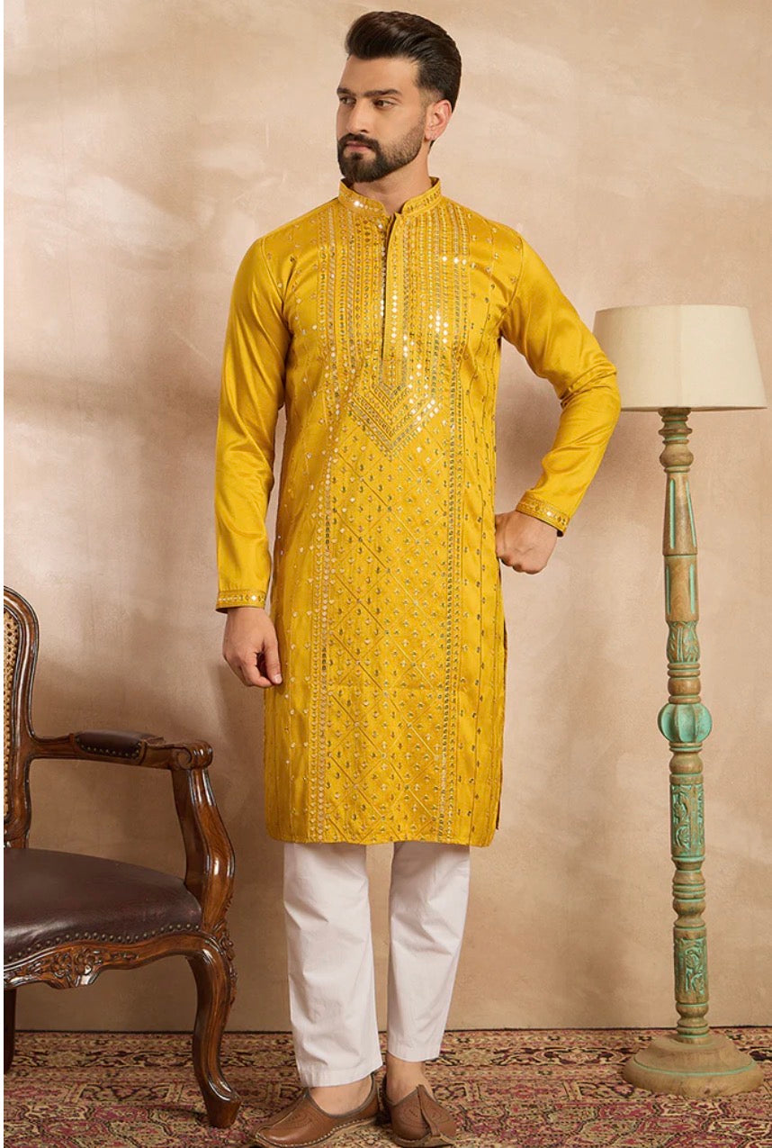 Yellow Silk Blend Geometric Embroidered Straight Kurta