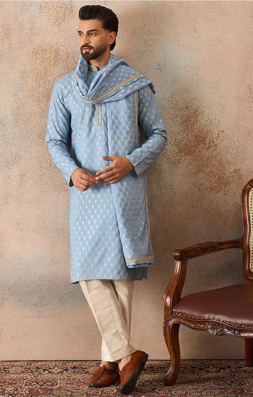 Blue Jacquard Woven Design Floral Straight Kurta Set