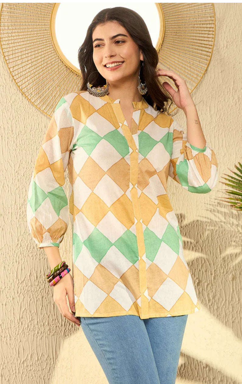White Cotton Blend Geometric Printed Tunic Top