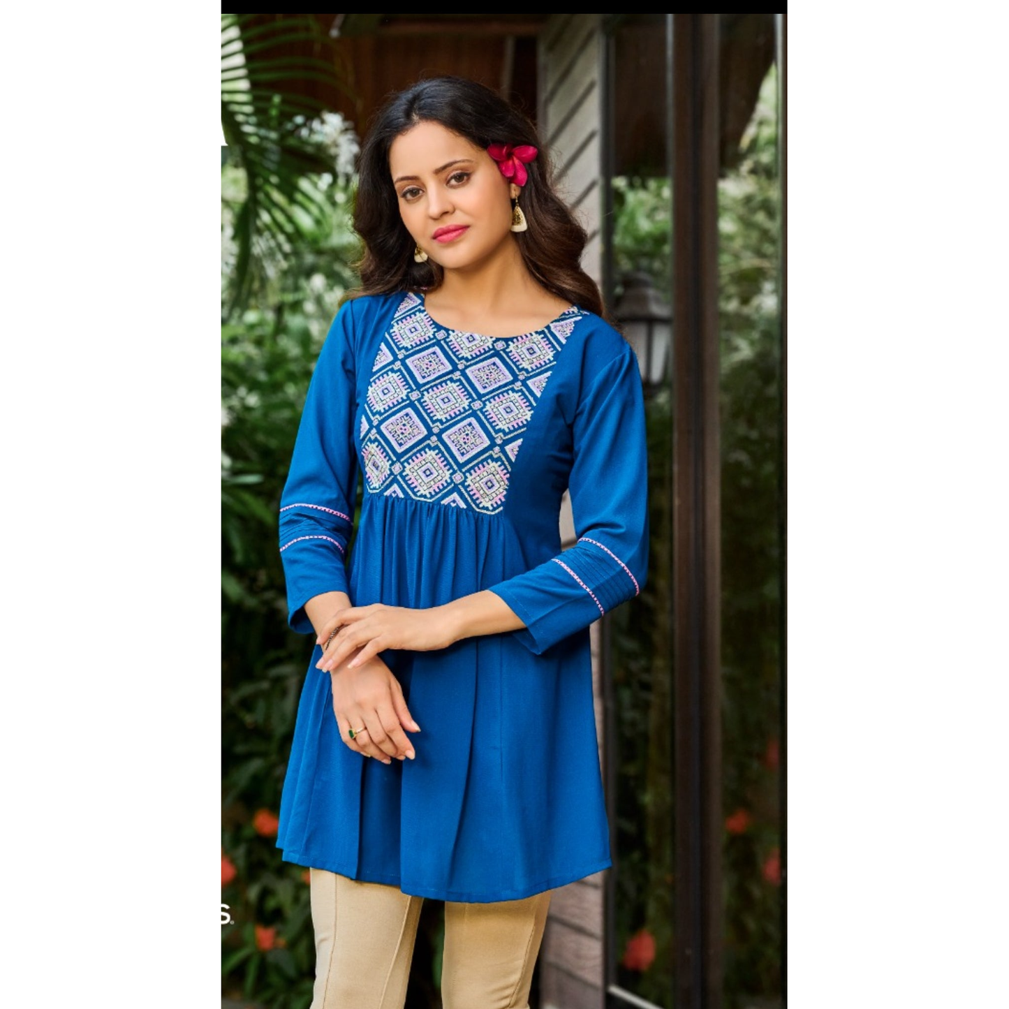 Blue Short Kurti with Embroidered Yolk