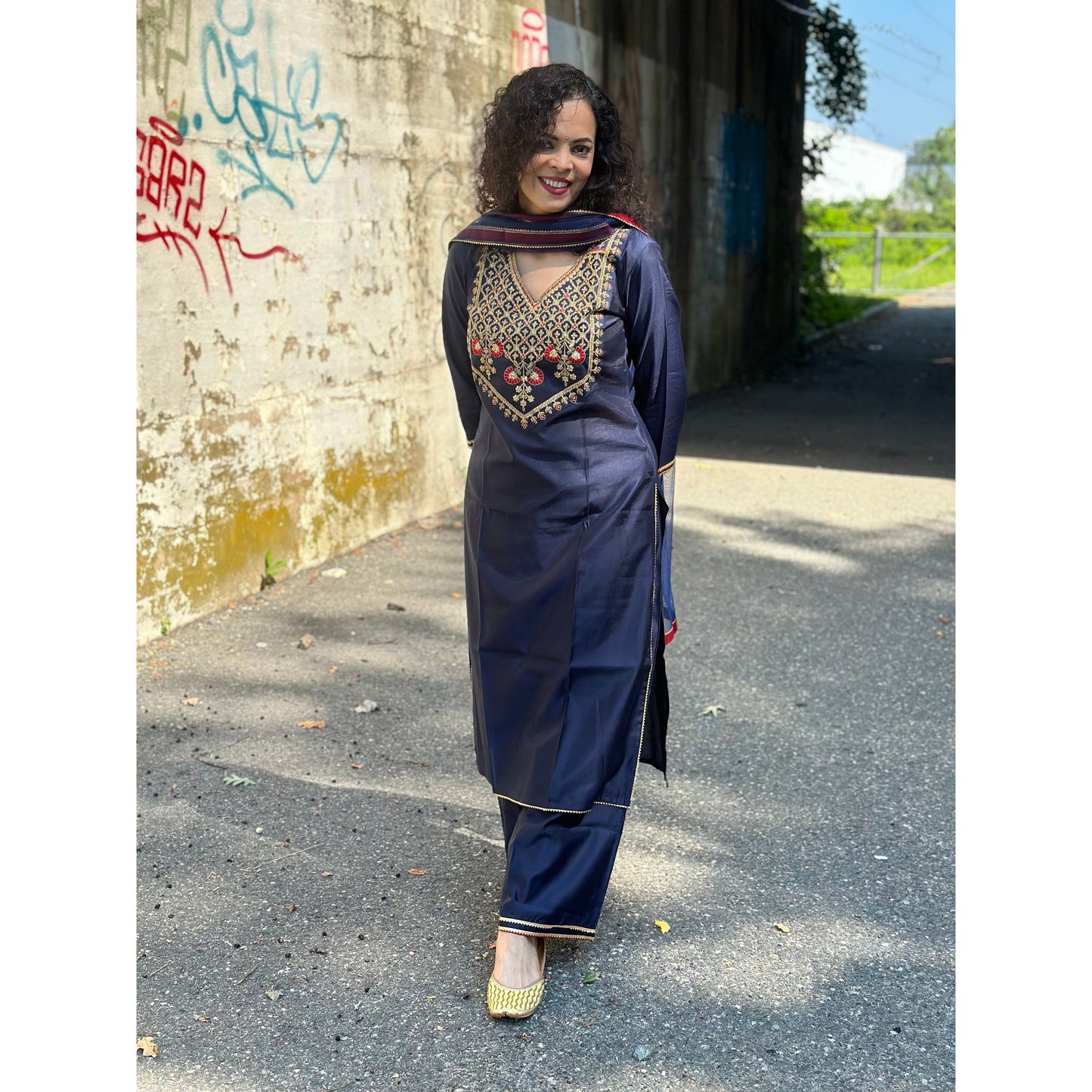 Navy Blue Kurta with Embroidered Yoke/Palazzos & Dupatta