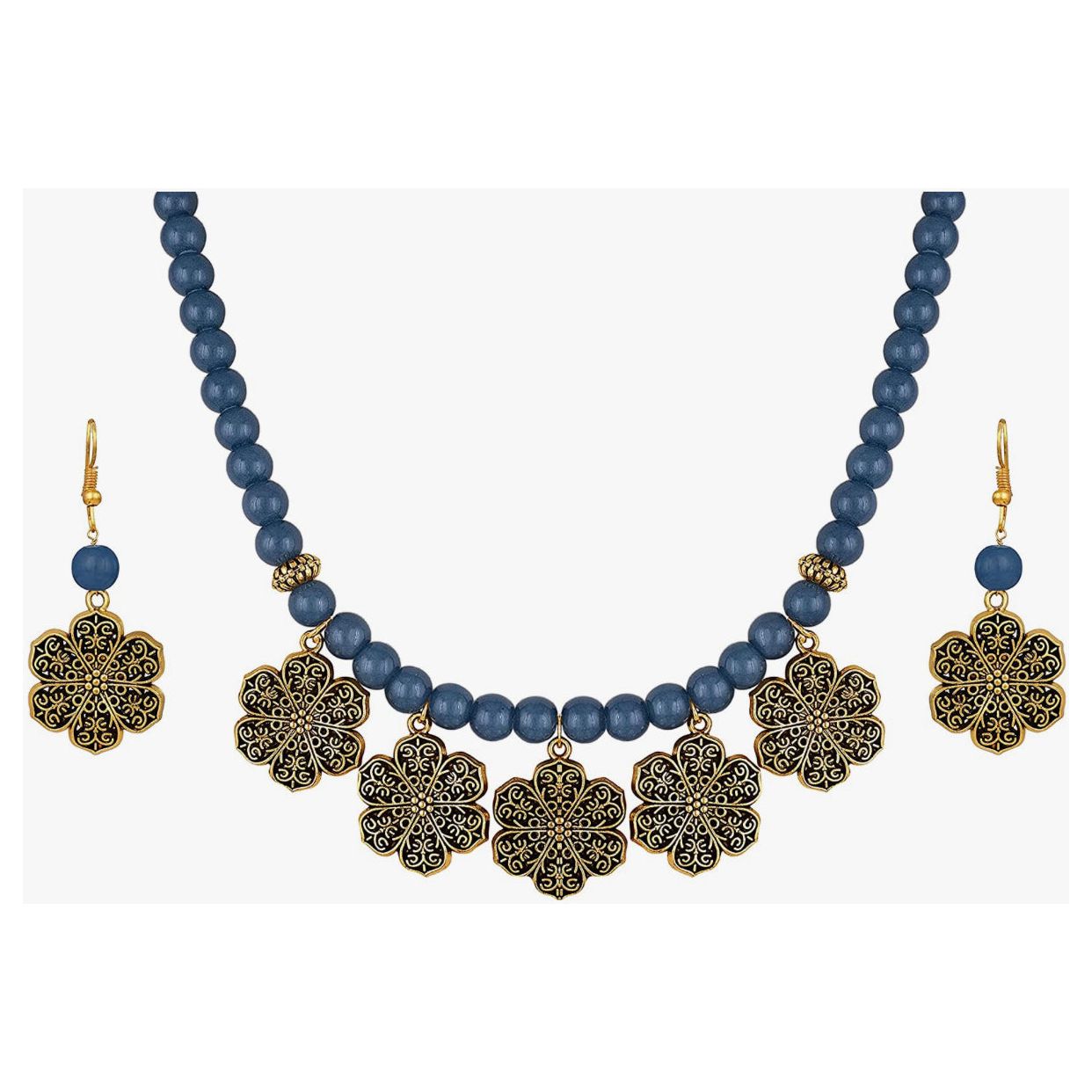 Gold Plated Floral Onyx Stone Necklace Set for Women