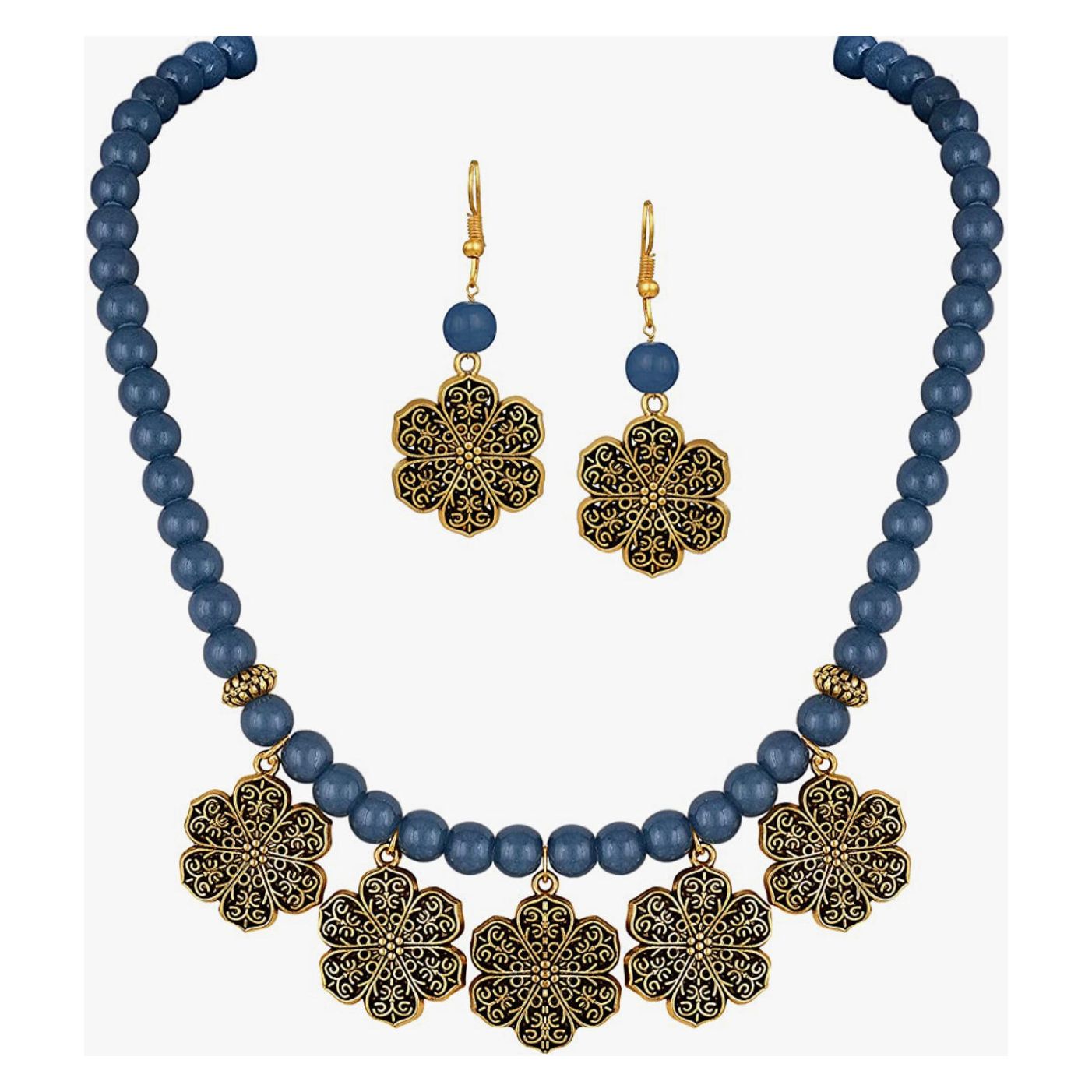 Gold Plated Floral Onyx Stone Necklace Set for Women