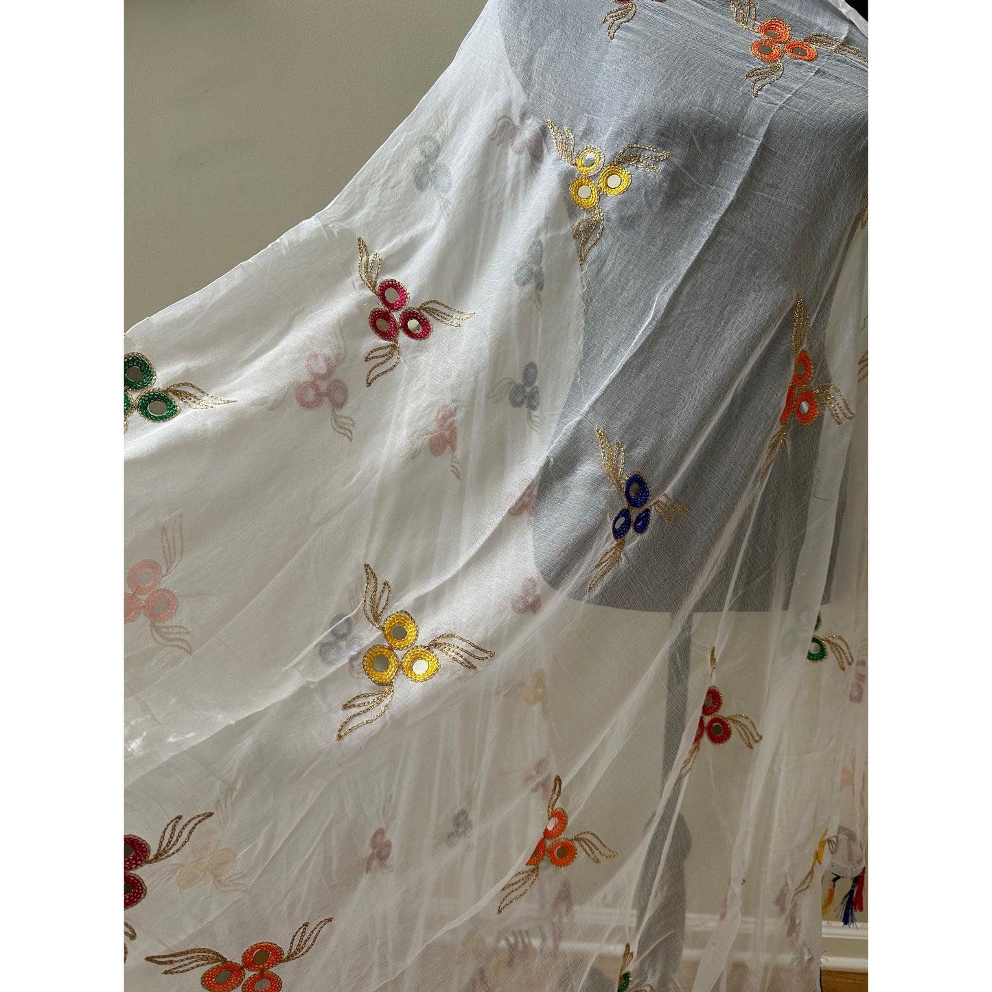 White with Multicolor Thread work Dupatta