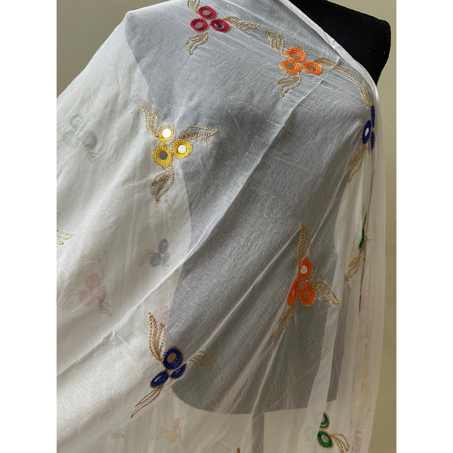 White with Multicolor Thread work Dupatta